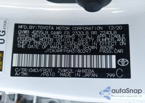 2021 Toyota Prius Prime Le из США, поврежденный, VIN JTDKAMFP6M3180297